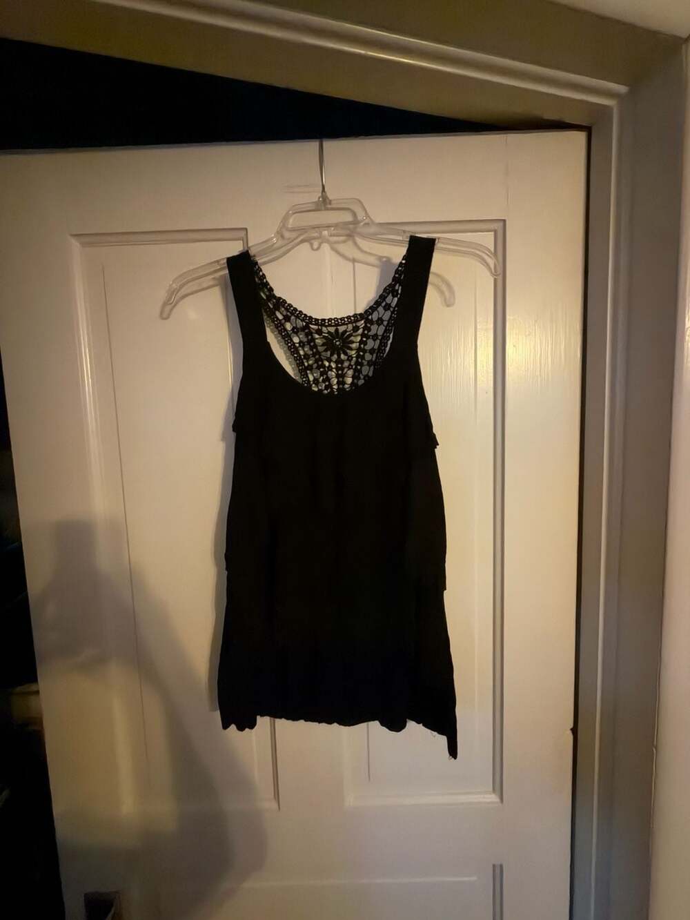 A. Byer Black Sleeveless Ruffle Layer Tank Top with Crochet Lace Racerback Size